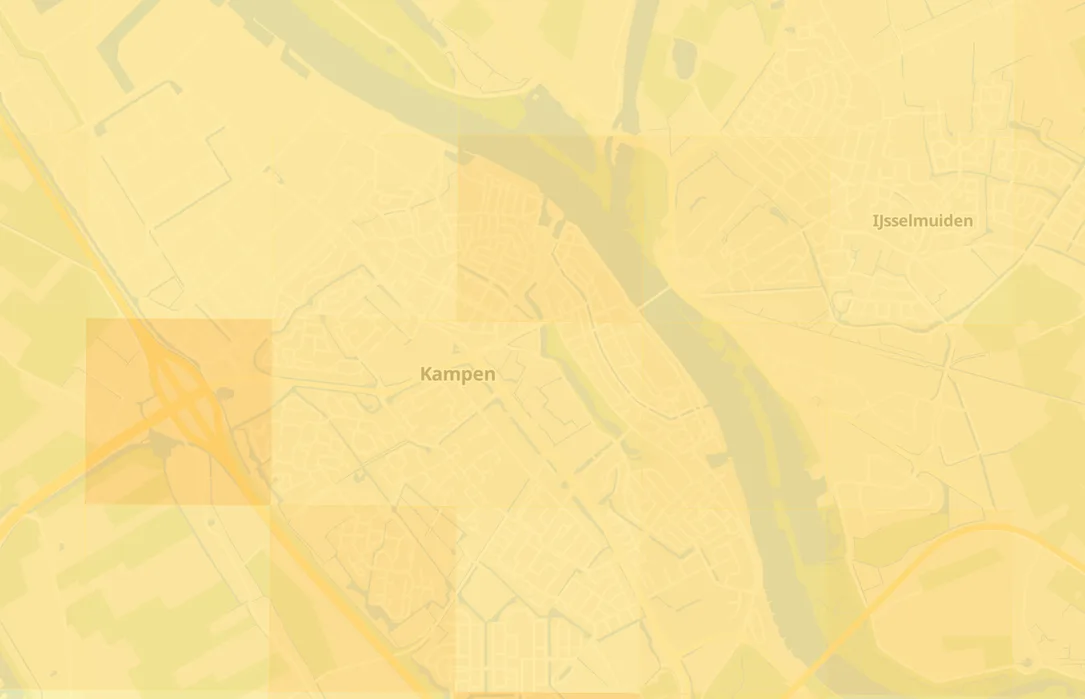 Map of Kampen with an NO2 concentration grid overlay, darker orange near the highway interchange